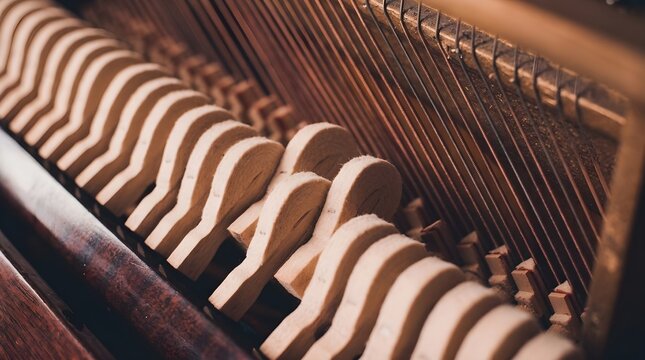 Close-up of vintage upright piano wooden hammers and steel strings showing intricate internal acoustic musical instrument mechanism