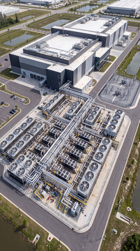 Aerial View of Industrial Data Center Cooling Plant and Chillers