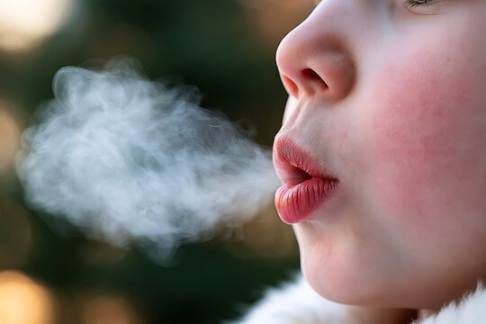 Macro close-up of a child's mouth breathing out thick steam or vapor in cold winter weather outdoors