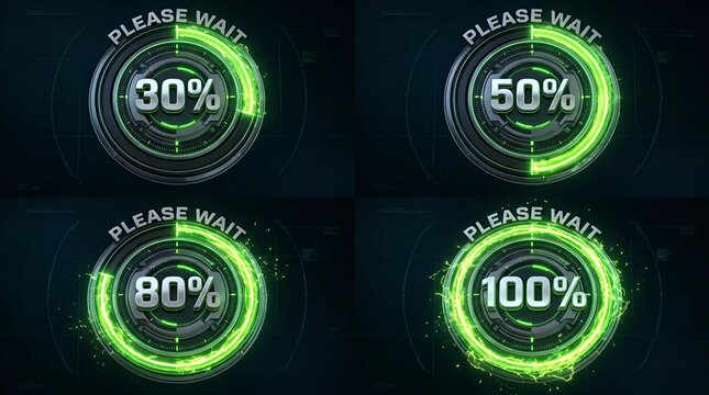 Please wait loading progress bars with green neon rings on dark