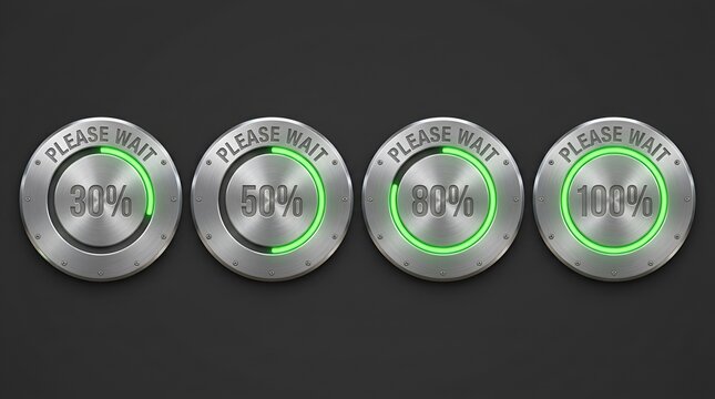 Four metallic loading circles with please wait text and green