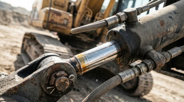 High-pressure hydraulic hoist cylinder on crawler drill carriage showing fluid-filmed chrome piston rod, steel-braided pressure lines, and heavy cast iron clevis pins.