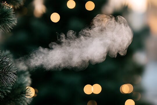 Thick white steam or smoke floating in the air against a blurred evergreen pine forest background