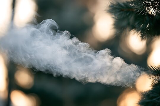 Thick white steam or smoke floating in the air against a blurred evergreen pine forest background