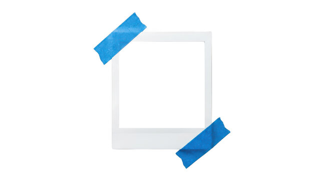 Instant photo frame with blue tape isolated on transparent background
