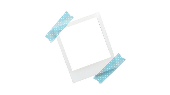 Blank polaroid frame with blue polka dot tape isolated on transparent background
