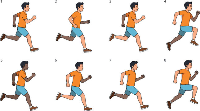 Running Man Animation Sprite Sheet with Eight Step Run Cycle Frames in Orange Shirt and Blue Shorts for Game Development, Motion Graphics, Fitness Designs, Sports Themes, and Jogging Illustrations