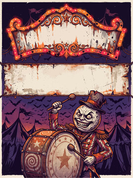 Spooky Circus Drummer with Bass Drum Under Big Top Tents, Retro Horror Carnival Poster with Bats in a Purple Night Sky