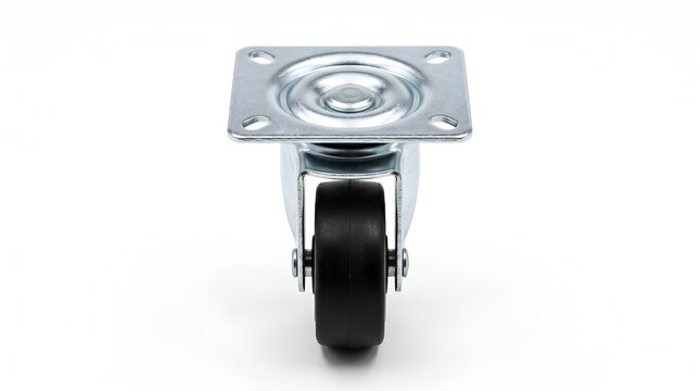 Industrial swivel caster wheel with a metal mounting plate isolated on white background.
