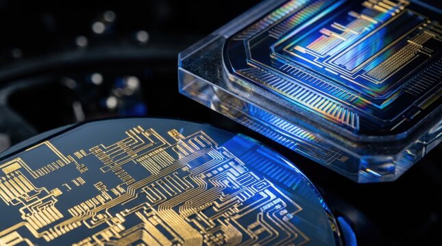 Macro closeup of an extreme ultraviolet photolithography reticle mask reflecting blue laser light onto etched silicon substrate microchip circuitry with golden traces and multilayer coatings.