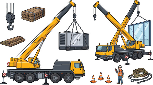 Mobile Crane Truck and Heavy Lifting Equipment Vector Icon Set Featuring Telescopic Cranes, Construction Worker, Cargo Load, Safety Cones, and Rigging Chains