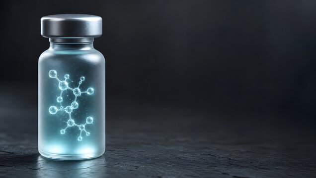 3D render of a translucent frosted glass vial on a dark slate surface, a glowing holographic molecular structure floating inside