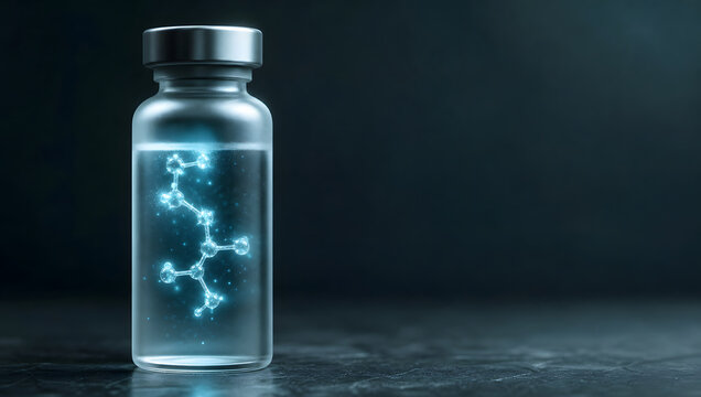 3D render of a translucent frosted glass vial on a dark slate surface, a glowing holographic molecular structure floating inside