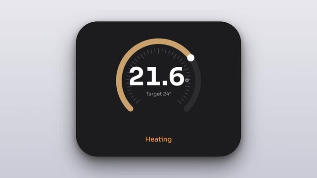 Animated digital thermostat display showing temperature progress towards target value for smart home heating control