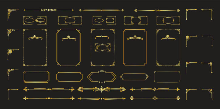Decorative gold frames and dividers in various shapes for elegant design elements
