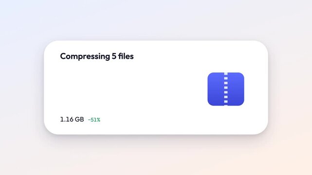 Animated user interface showing file compression progress with colorful document icons and blue zipper folder