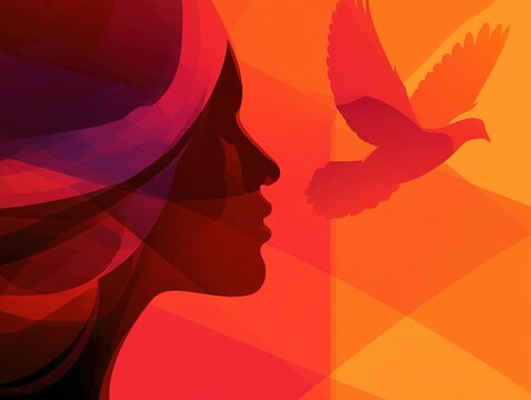 Silhouette woman profile with warm sunset background Vector