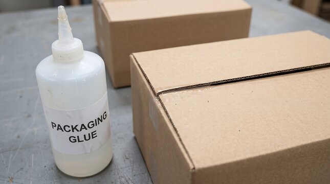 Bottle of packaging glue next to cardboard boxes for shipping