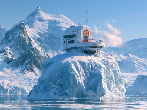 Small boat sailing near icy mountains with water spray Vector