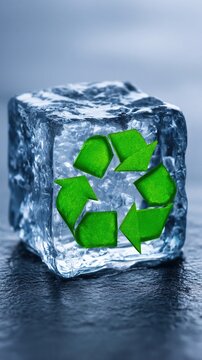 Frozen recycling symbol inside transparent ice cube on wet surface, highlighting contrast between cold blue ice and vivid green material