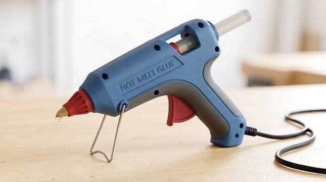 Blue hot melt glue gun with dripping glue on stand
