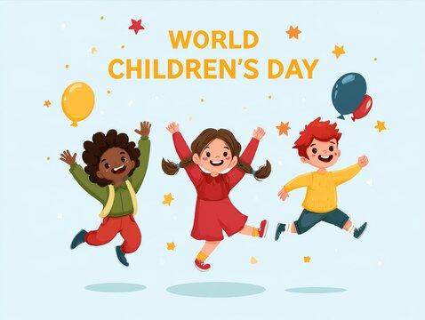 Three happy children celebrating world children's day with balloons Vector