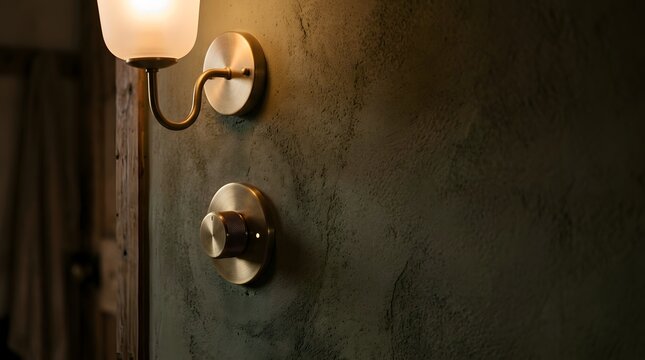 Brass wall lamp and rotary dimmer switch on textured olive plaster wall