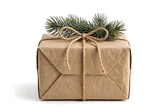 Craft paper gift box with pine branch and twine on white background