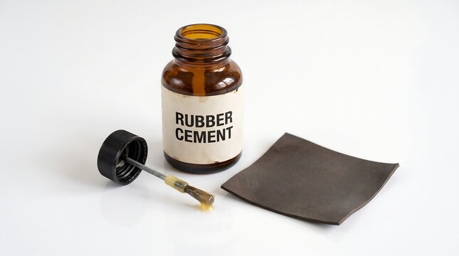 Bottle of rubber cement with brush and brown paper