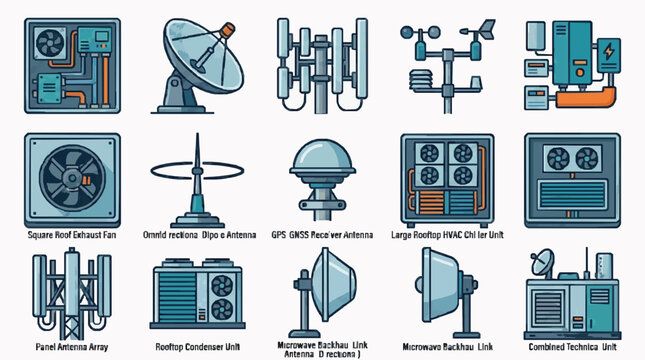 Illustrated Rooftop Communication and HVAC Equipment Collection
