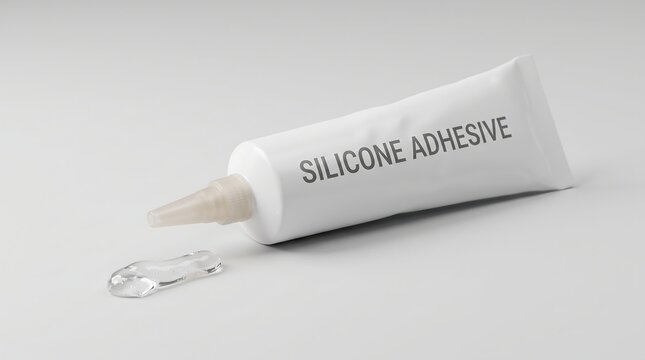 Clear silicone adhesive sealant in a tube with a drop on a white background