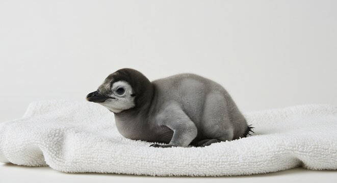 Baby Emperor Penguin Chick: A fluffy baby emperor penguin chick sits on a soft white towel, its downy feathers and curious gaze capturing the innocence of new life.