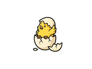 002 Yellow Baby Chick Hatching From Cracked Cream Eggshell With Shell Fragments Cartoon Character On White Background.eps © Lusiana