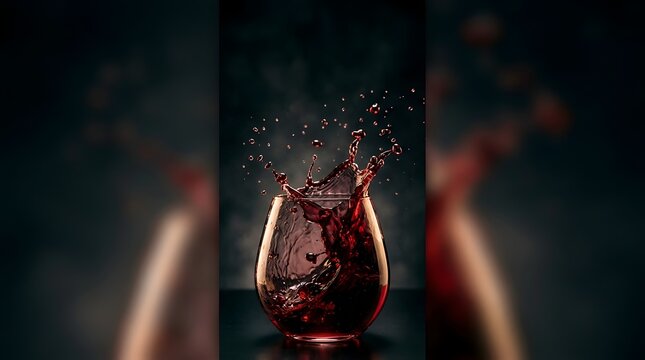 Dynamic red wine splash in a crystal glass against a dark background