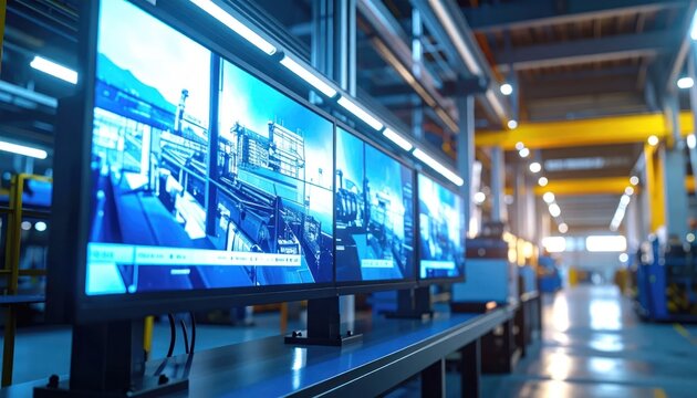 Modern factory control room with multiple screens displaying industrial processes and data, showcasing automation and technology in manufacturing.