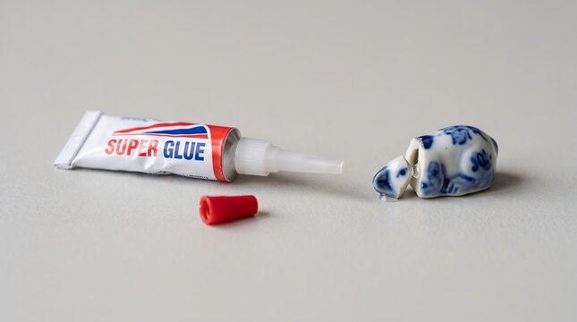 Small tube of super glue mending a broken ceramic figurine on gray surface