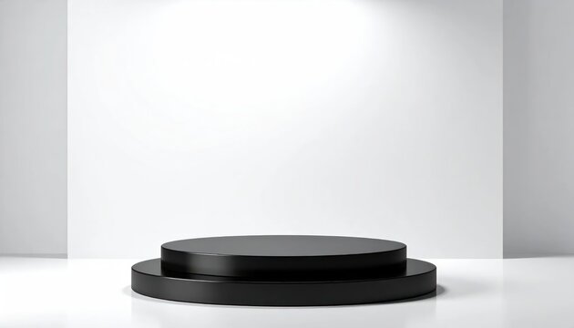 Modern minimalist black stage pedestal with spotlight in studio setting, empty platform for product display or award ceremony