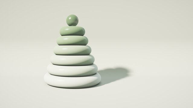 Sage green stack of rings forming a tower, minimal, 3D render