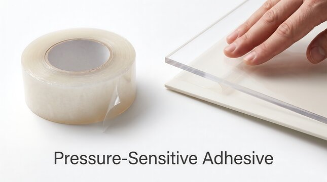 Clear tape roll and acrylic sheet demonstrating pressure-sensitive adhesive application
