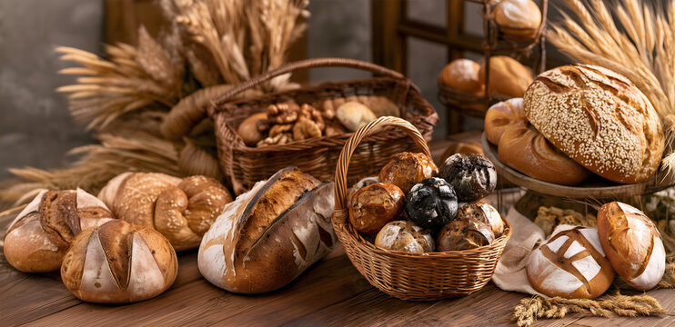 Creative food template. A classic traditional rustic bakery kitchen shop with variety of freshly baked loaf of bread bun background. copy text space. Long banner