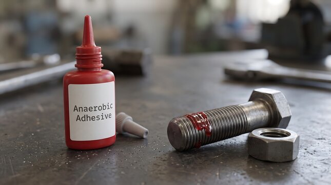 Anaerobic adhesive bottle with red nozzle next to bolt and nut assembly