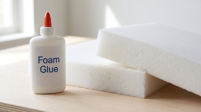 Foam glue bottle next to blocks of white foam for crafting