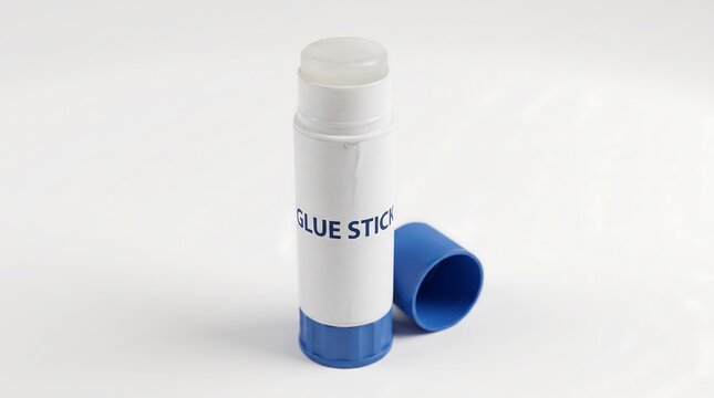 White glue stick with blue cap and blank label on white background