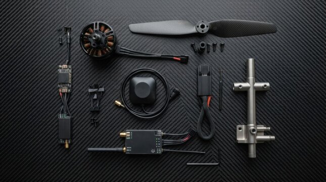 Flat lay of defense drone hardware on carbon fiber, showing brushless motor, GNSS antenna, pitot tube, folded propeller, and telemetry transmitter.