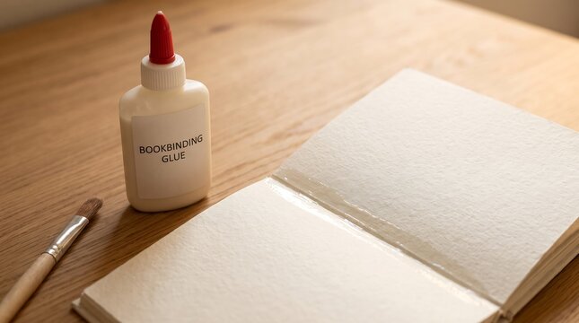Bookbinding glue bottle and open book with glued spine