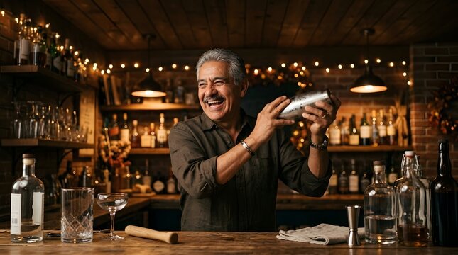 Joyful mature bartender shaking a cocktail in a cozy rustic bar