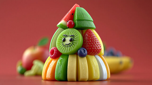 Fun fruit platter sculpture shaped like a decorated tree for a healthy party snack with food art
