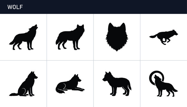 Wolf silhouettes set with howling, running and sitting poses for wildlife design