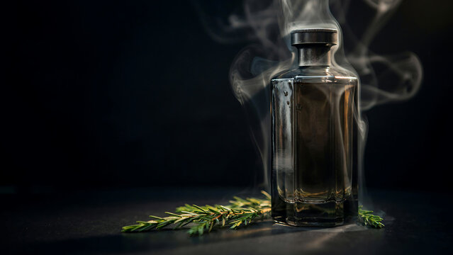 Rectangular dark glass bottle with wisps of smoke rising, placed beside fresh rosemary sprigs on a dark, moody background, suggesting aromatic or masculine fragrance
