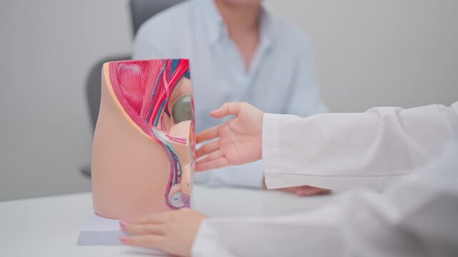 Doctor with Male Reproductive System anatomy model. Male consultation, Prostate Cancer, Enlarged prostate, Prostatitis disease, Male Infertility, Erectile dysfunction, Penis and Male genital disorder